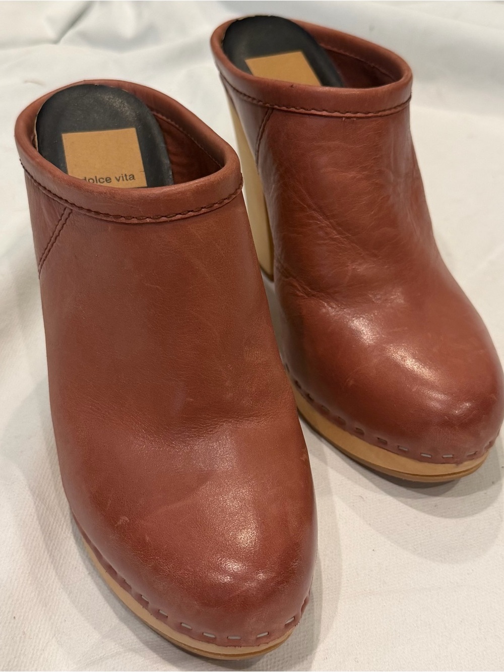Dolce Vita Ackley Cognac Brown Wood Block Heel Clog Mules 7.5 Boho Scandi Chic